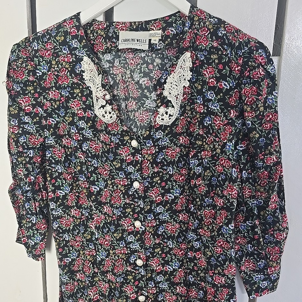 Caroline Wells Floral Maxi Dress 12 Black Full Button‎ Front 90s Cottage Prairie